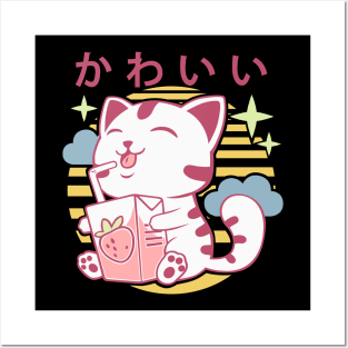 Kawaii Aesthetics Japanese Strawberry Milk Shake かわいい Cat - Purple - Strawberry Milk Posters and Art